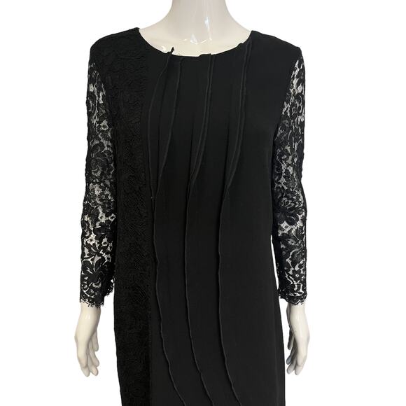 OSCAR DE LA RENTA Black Wool Trim Floral Lace Long Sleeve Midi Dress Size 12 - Picture 3 of 5